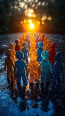 A line of vibrant paper figures stands hand in hand, illuminated by a beautiful sunset, symbolizing unity and diversity among people in a creative and artistic way.