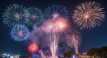 Colorful fireworks display in night sky over city skyline with vibrant bursts of light and smoke in foreground Copy Space