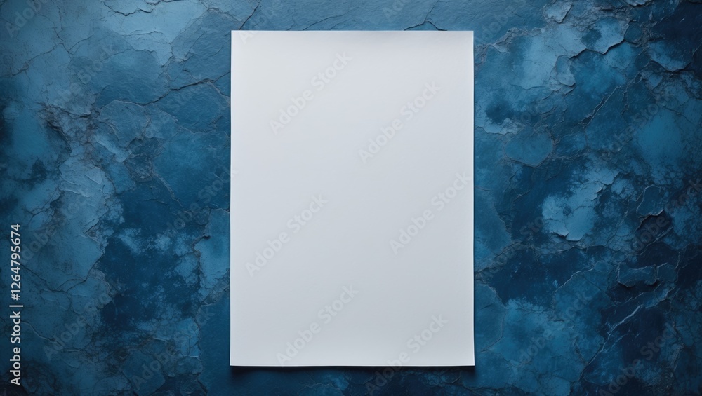 Poster blank white paper on blue textured background with ample copy space for text or design elements