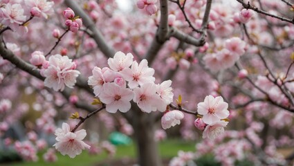 Pink cherry blossom flowers blooming on branches in a garden setting with blurred background and Copy Space for text placement
