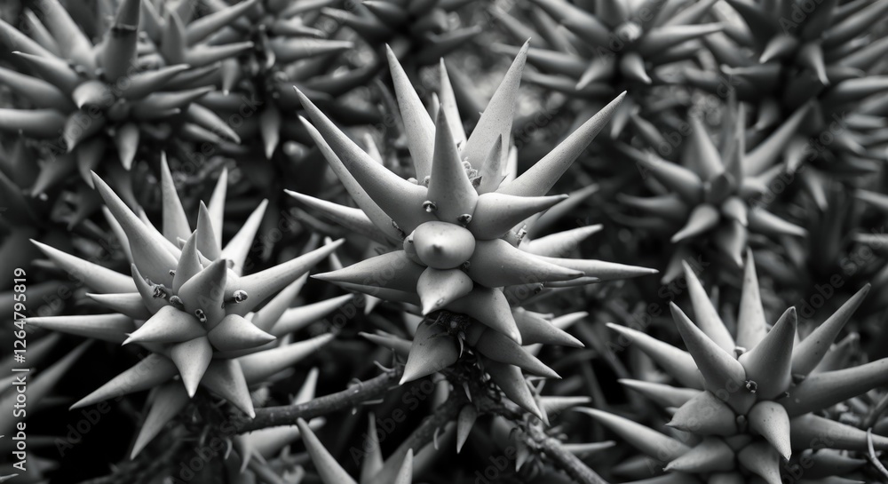Poster close-up of spiky succulents in monochrome displaying unique textures and shapes with copy space for