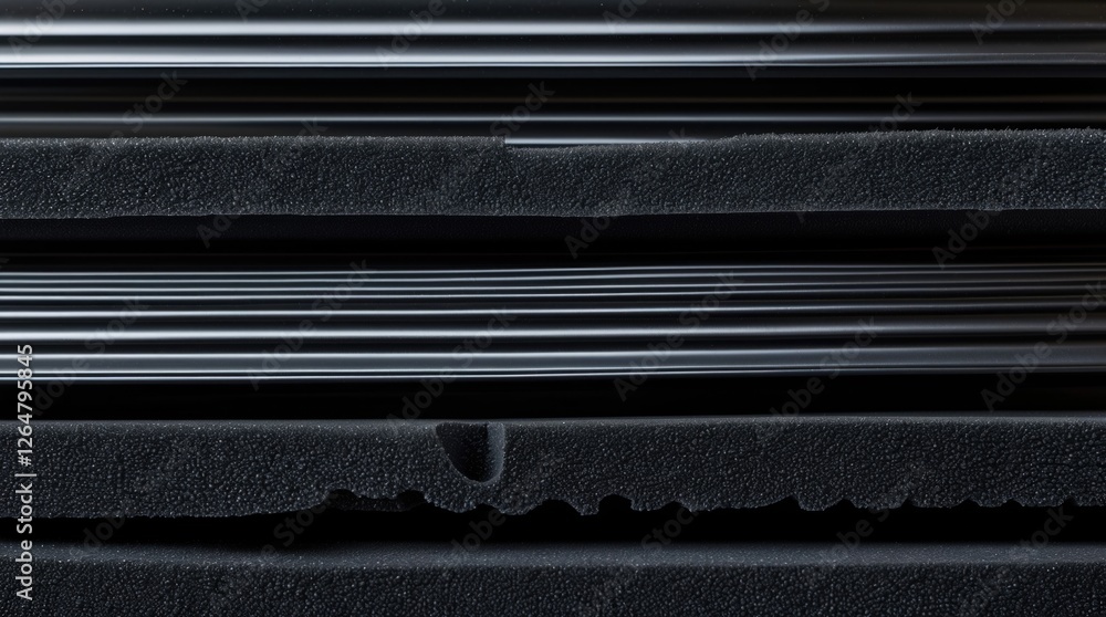 Poster black foam layers with smooth and textured surfaces stacked together, abstract composition with geom