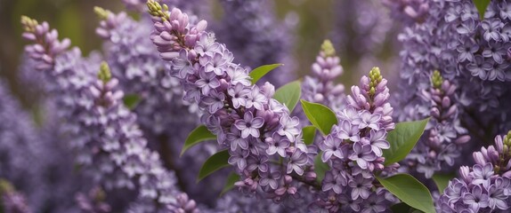 Fototapeta premium Purple Lilac Flowers in Bloom with Green Leaves and Soft Focus Background Suitable for Seasonal Designs and Invitations Copy Space