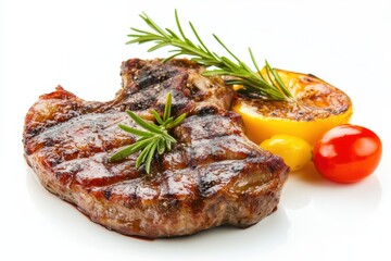 Discover the rich flavors of a perfectly grilled beef steak garnished with fresh herbs and bright vegetables