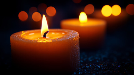 Warm glowing candles create a peaceful and intimate atmosphere with soft bokeh, perfect for meditation, relaxation, romance, or remembrance.