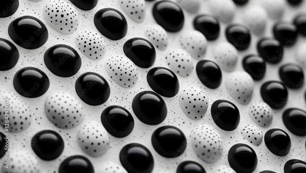 Poster abstract composition of black and white textured spheres with varying sizes and patterns on a smooth