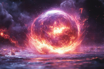 Obraz premium Vivid explosion of cosmic colors as a fiery sphere emerges from an alien ocean at twilight in a surreal galaxy