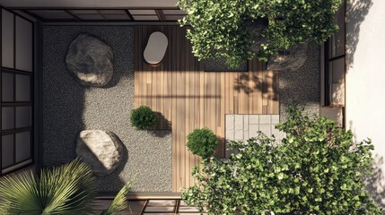 Fototapeta premium Aerial shot shows zen garden with rocks and foliage