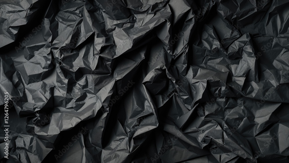 Poster crumpled black paper texture background with shadows and highlights suitable for design projects and