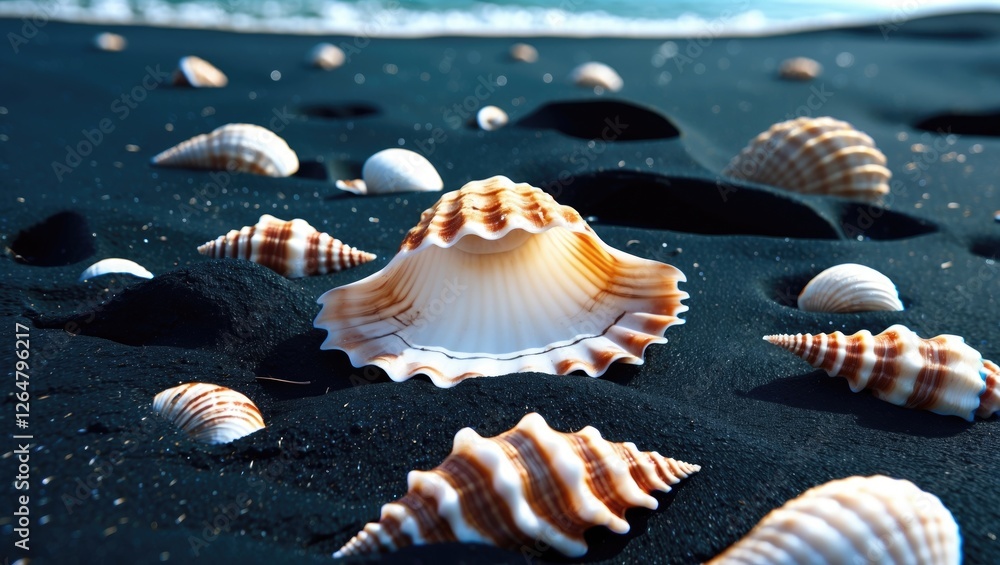 Poster seashells scattered on black sand beach with ocean in background showcasing various shapes and sizes