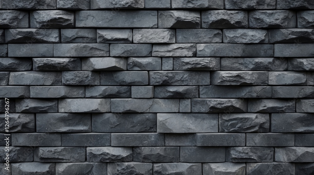 Poster textured dark stone wall with layered rectangular bricks in various shapes and sizes suitable for ar