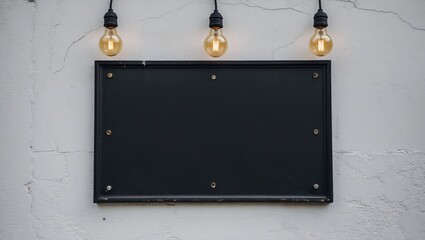 Obraz premium Empty black signboard on a textured wall with three hanging light bulbs above it suitable for adding text or graphics Copy Space
