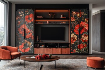 Beautiful living room design featuring a floral cabinet, modern furniture, and elegant decor in a stylish urban apartment