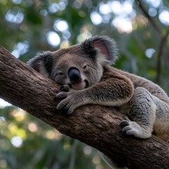 Naklejka premium Sleepy koala resting on eucalyptus branch, forest bokeh background, wildlife poster