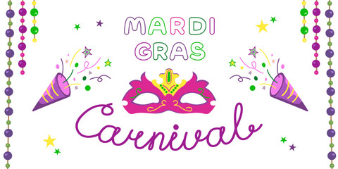 Vector poster for Mardi Gras carnival with text. Party invitation with beads and mask.