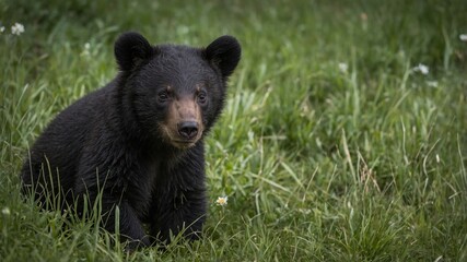 Naklejka premium Black bear cub sitting in a grassy field observing its surroundings with a curious expression and flowers in the background Copy Space