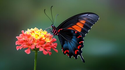 Black And Orange Butterfly On Pink And Yellow Flower