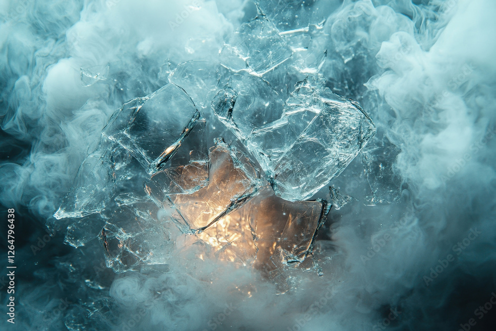 Poster shattered ice fragments surrounded by ethereal fog and a glowing light source in a dramatic display