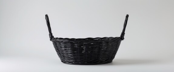 Black wicker basket with handles isolated on neutral background and copy space for text placement.