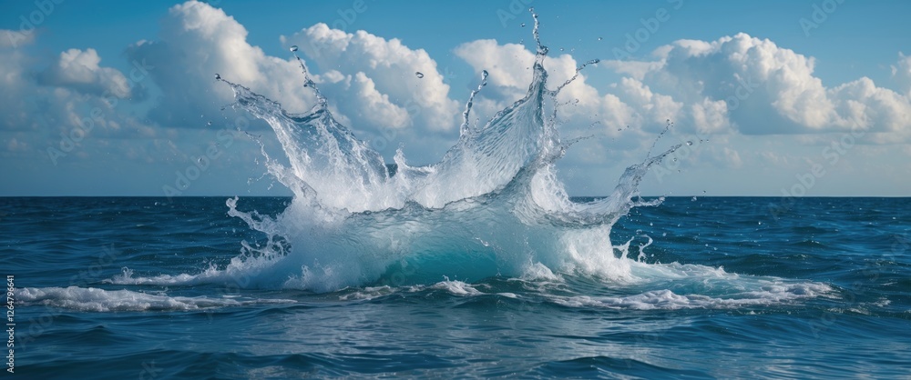 Poster water splash creating a dynamic effect on the surface of the ocean with cloudy sky in the background