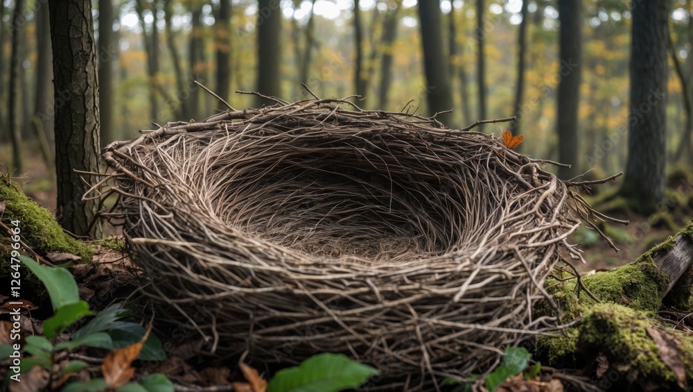 Poster empty bird nest made from twigs and branches set in a forest environment with soft sunlight filterin