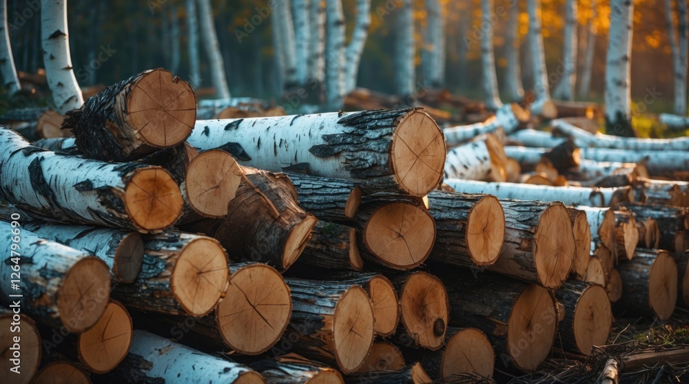 Aufkleber stacked logs of birch trees in a forest setting with autumn foliage and soft lighting during golden 