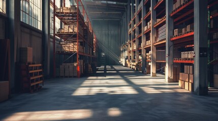 Fototapeta premium Vast Industrial Warehouse Interior Under Sunlight