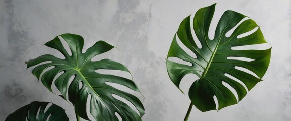 Monstera plant leaves with distinctive cutouts on textured gray background with ample copy space for design purposes
