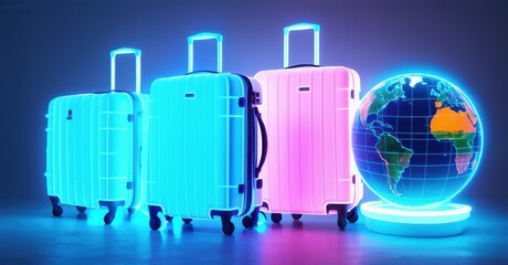 Obraz premium Three neon suitcases in blue and pink glow beside an illuminated globe on a reflective floor, creating a futuristic travel atmosphere with vibrant colors and sleek design