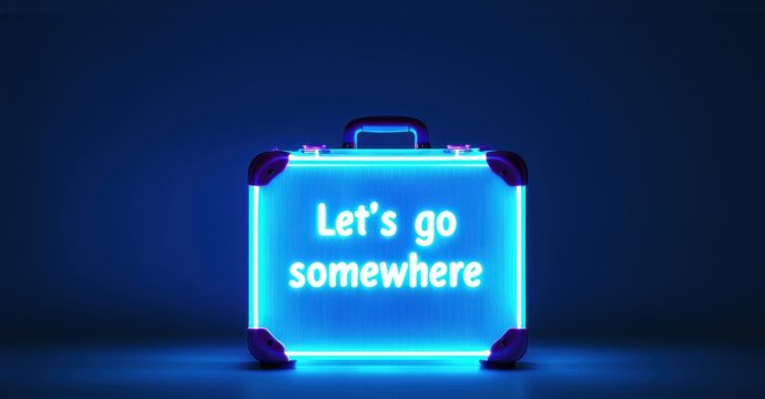 Glowing suitcase with neon blue light and purple corners, illuminated with text Lets go somewhere on a dark background, creating a vibrant and futuristic vibe