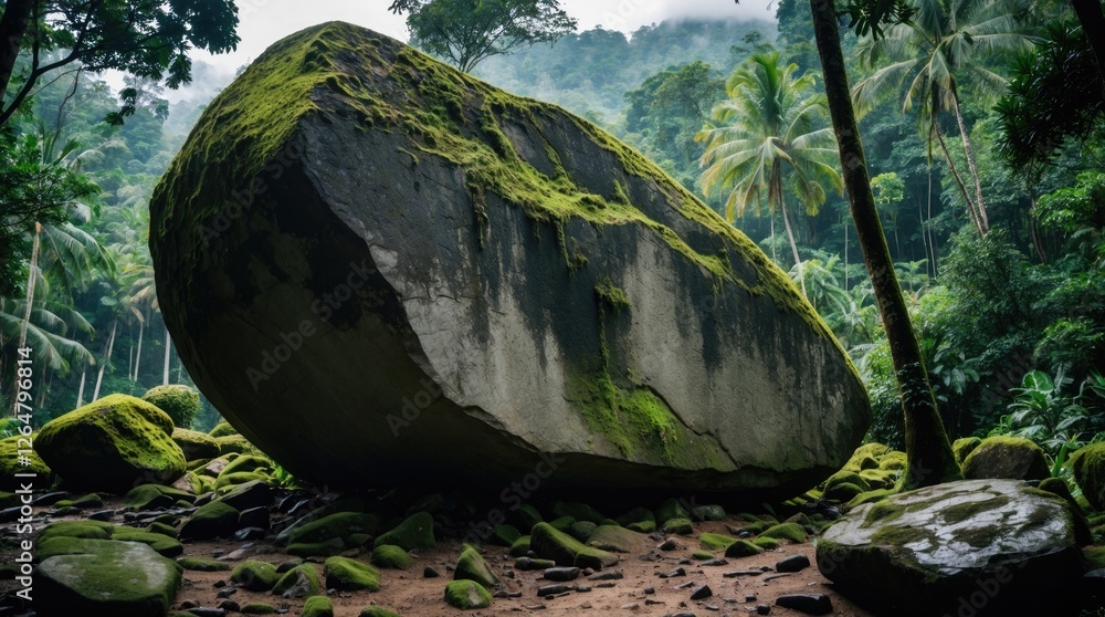 Poster large moss-covered boulder surrounded by lush tropical vegetation in a dense forest setting with nat