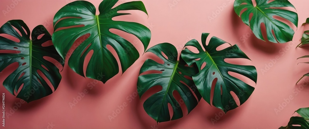 Poster monstera leaves arranged on a pink background with space for text copy space
