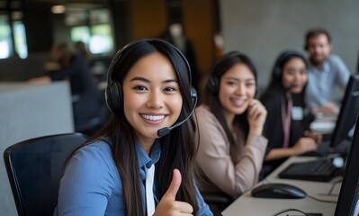 Smiling agent thumbs-up, office call center, teamwork background, customer service