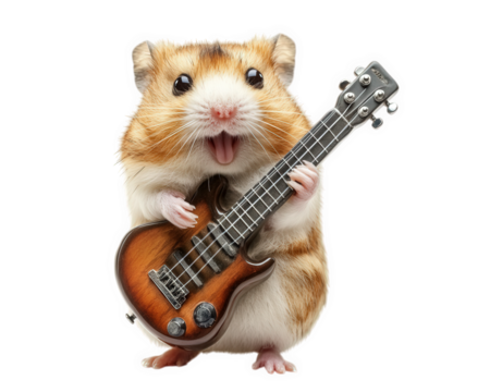 hamster playing miniature guitar, joyfully rocking out with enthusiasm. This adorable scene captures playful spirit of pet enjoying music