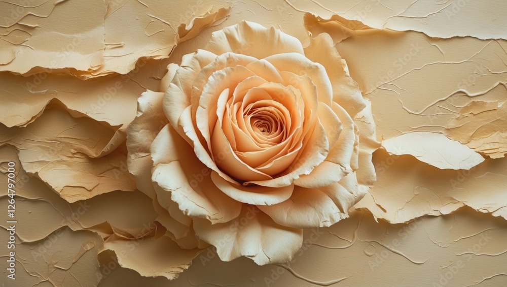 Poster peach colored rose flower on textured beige background with artistic paper layers and ample copy spa