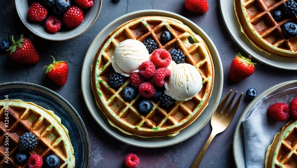Poster delicious waffles topped with ice cream and fresh berries on dark table setting with gold fork and p