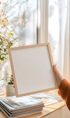 person holding blank picture frame, next to stack of magazines, Generative AI