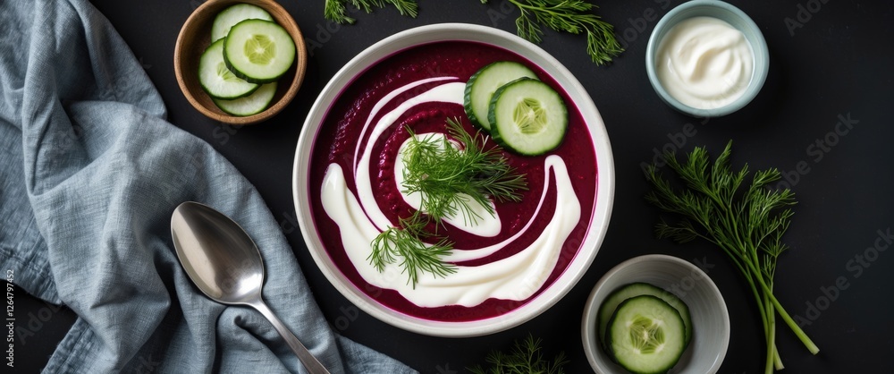Aufkleber beetroot soup with cucumber slices and cream swirl garnished with fresh dill on dark background with