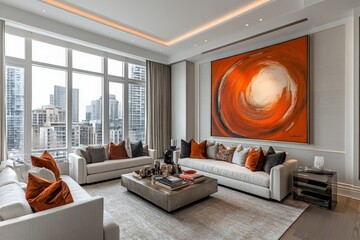 Modern living room with contemporary art and city view in urban high-rise residence