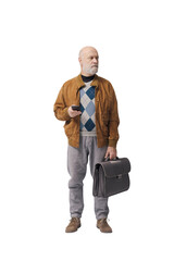 Mature man holding his smartphone and waiting