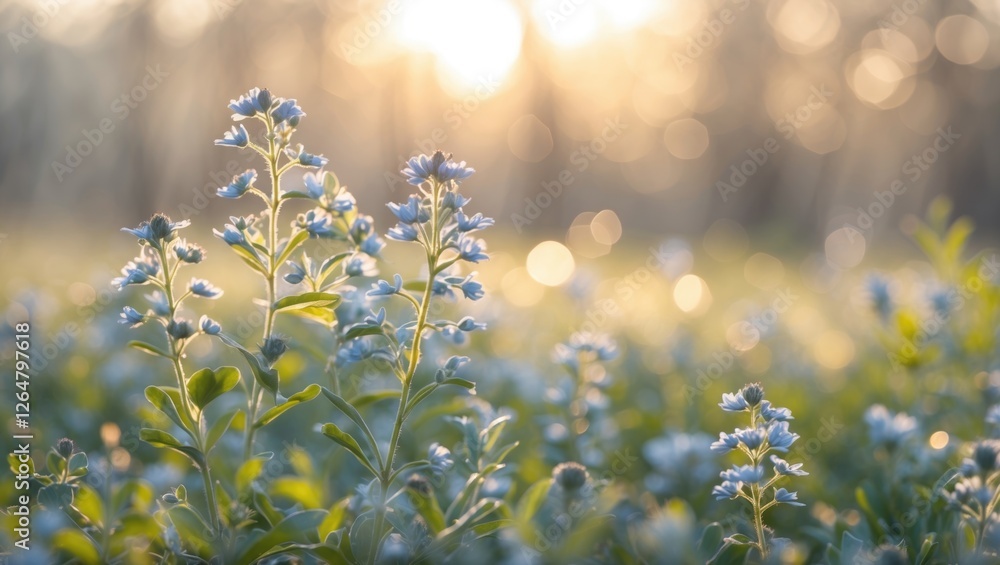 Poster blue flowers in a field during golden hour with soft sunlight and bokeh effect in the background cop
