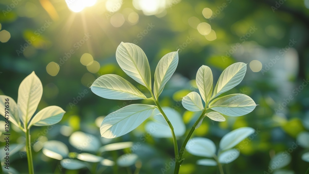 Poster close up of vibrant green leaves with sunlight filtering through the background creating a soft boke