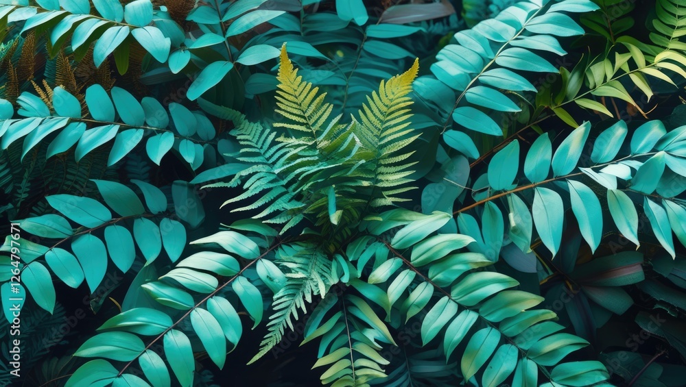 Poster lush green foliage with various leaf shapes and textures in a tropical setting ideal for background 