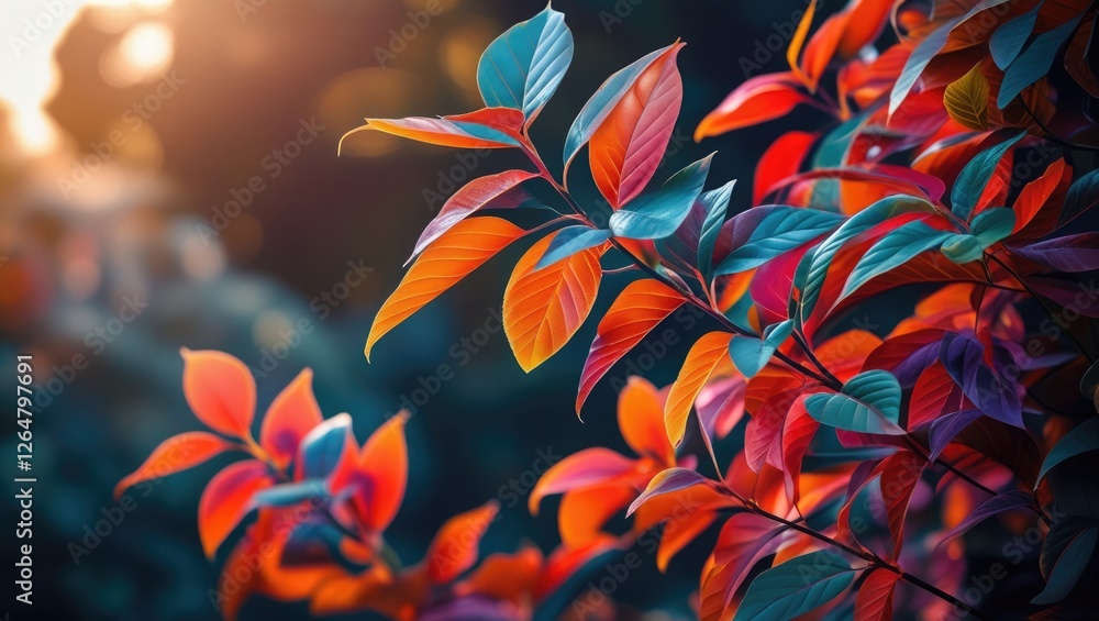Poster colorful autumn leaves in a natural setting with soft sunlight filtering through, creating a vibrant