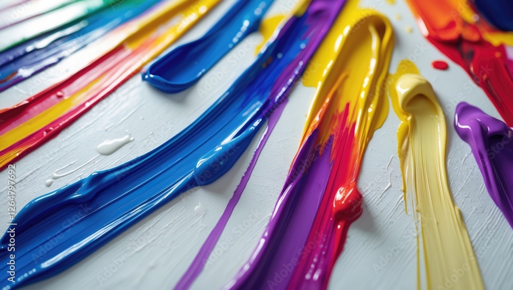 Poster colorful paint strokes on a white canvas surface displaying a vibrant mix of different hues and text