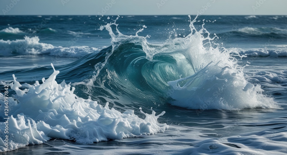 Poster waves crashing onto the shore creating dynamic spray and foam in the ocean landscape with natural li