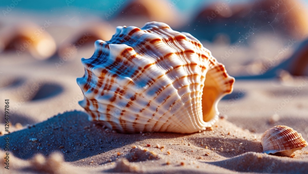 Aufkleber close-up of a detailed seashell resting on sandy beach with soft focus on background and scattered s