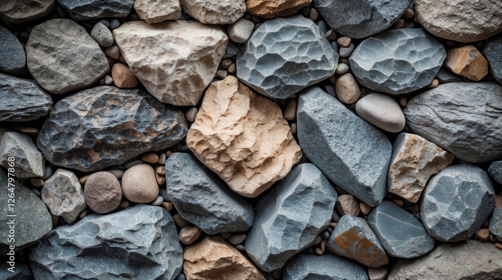 Poster textured background of various stones and pebbles in natural colors arranged closely together withco