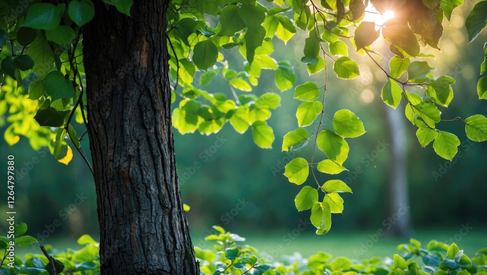 Poster tree trunk surrounded by vibrant green leaves with sunlight filtering through in a blurred natural b
