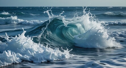 Waves crashing onto the shore creating dynamic spray and foam in the ocean landscape with natural light and detail Copy Space